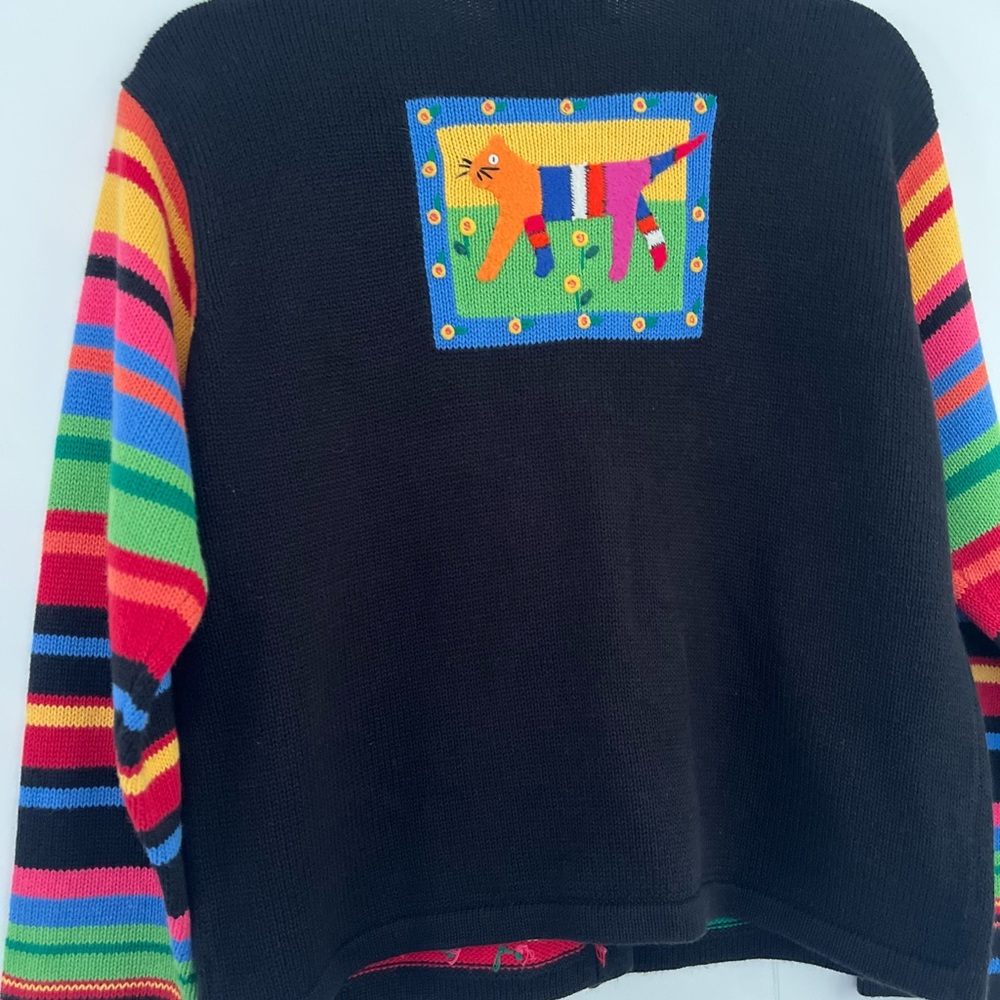 Susan Bristol Petites Colorful Black Embroidered Cats Sweater Cardigan Sz PLarge - Picture 10 of 12
